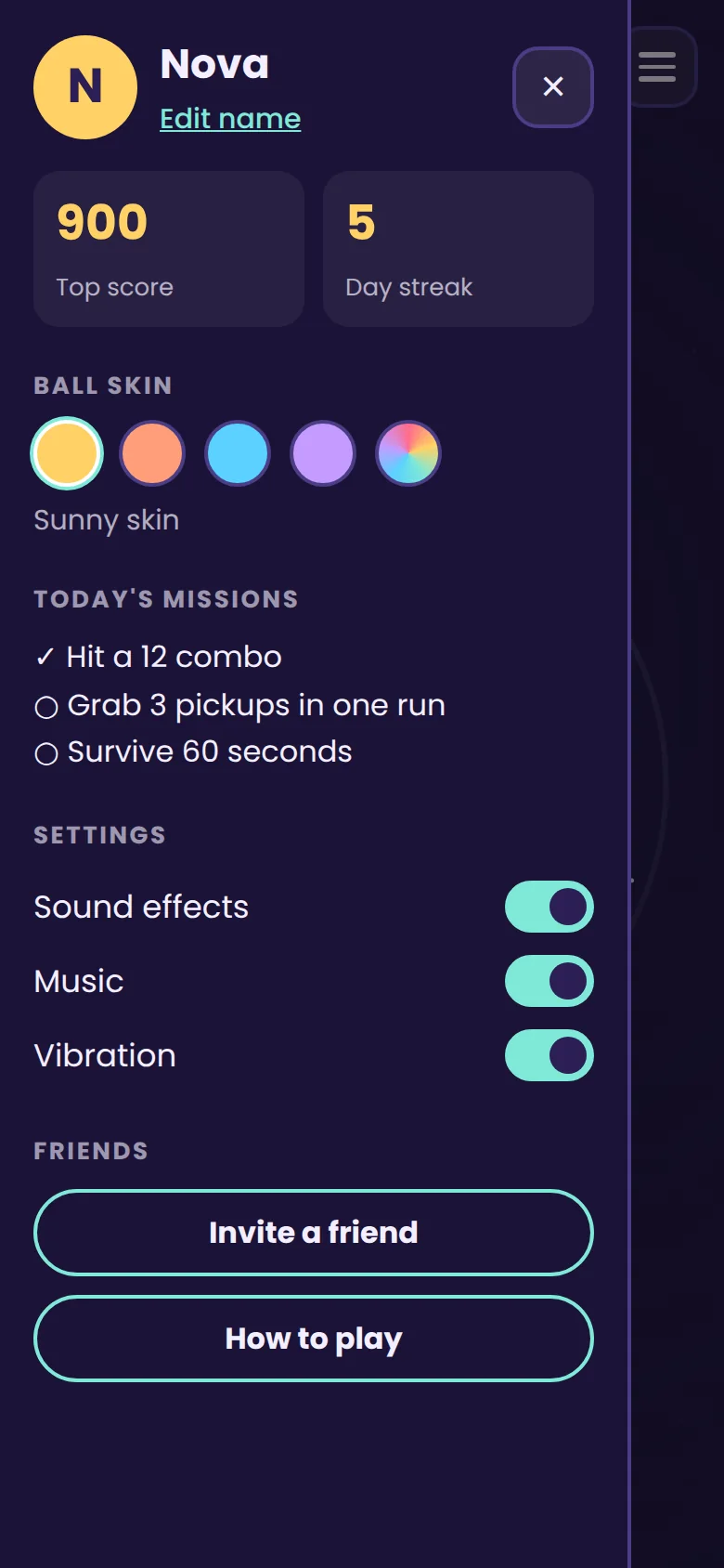 Orbit Hop menu with profile, skins and missions