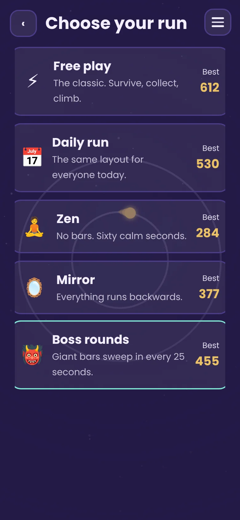 Orbit Hop mode select screen