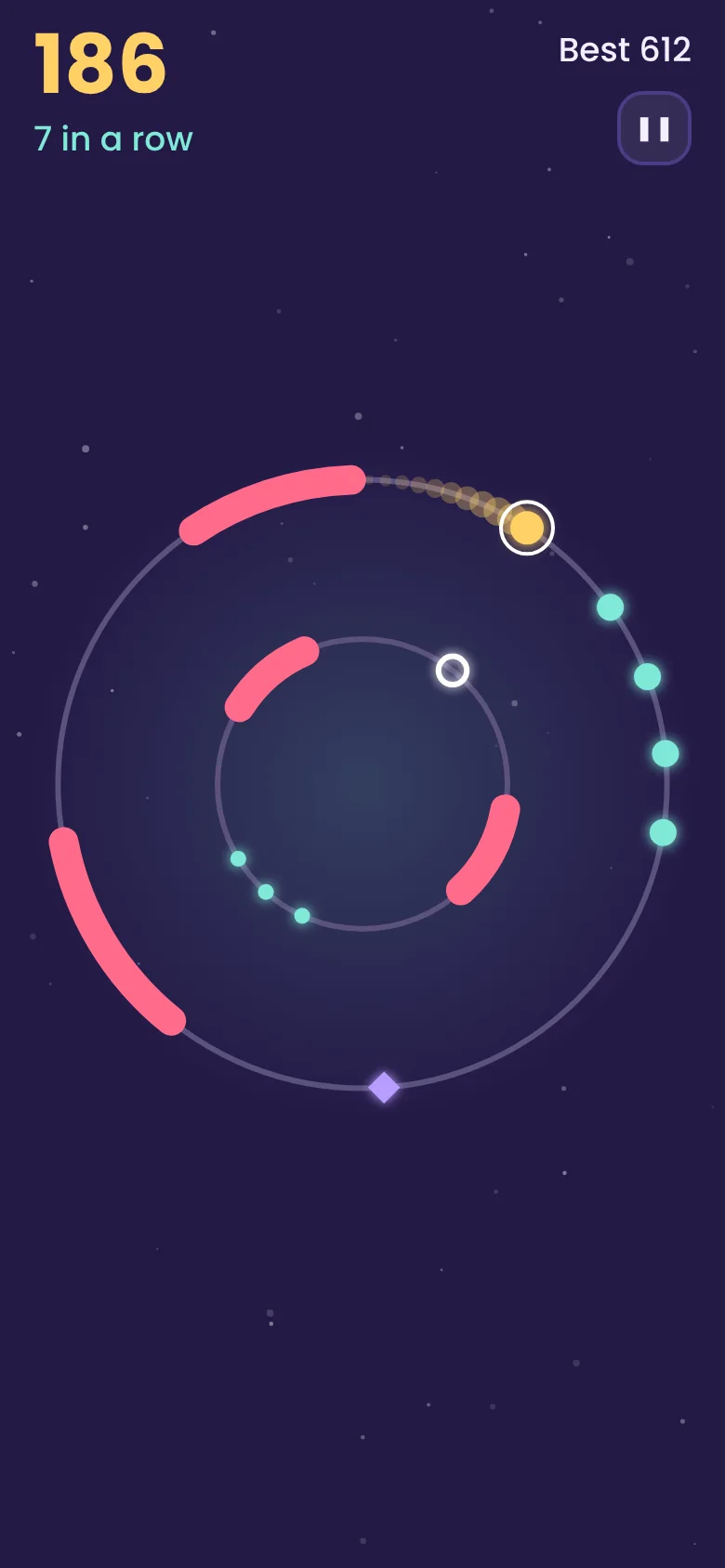 Orbit Hop gameplay: a ball hopping between two glowing rings